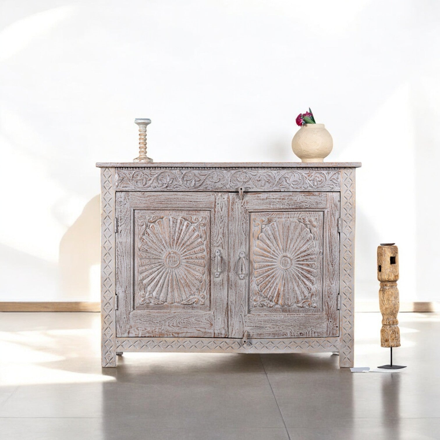 Whitewashed Solid Wood Sideboard with Hand-Carved Sunburst Doors - DOBRI ARTS AU