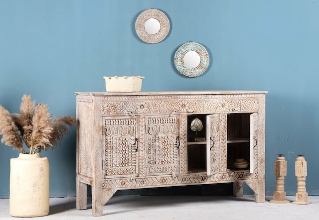 Whitewashed Wooden Sideboard with Four Panel Doors - DOBRI ARTS AU