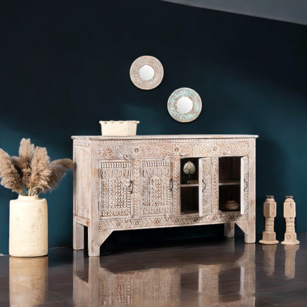 Whitewashed Wooden Sideboard with Four Panel Doors - DOBRI ARTS AU