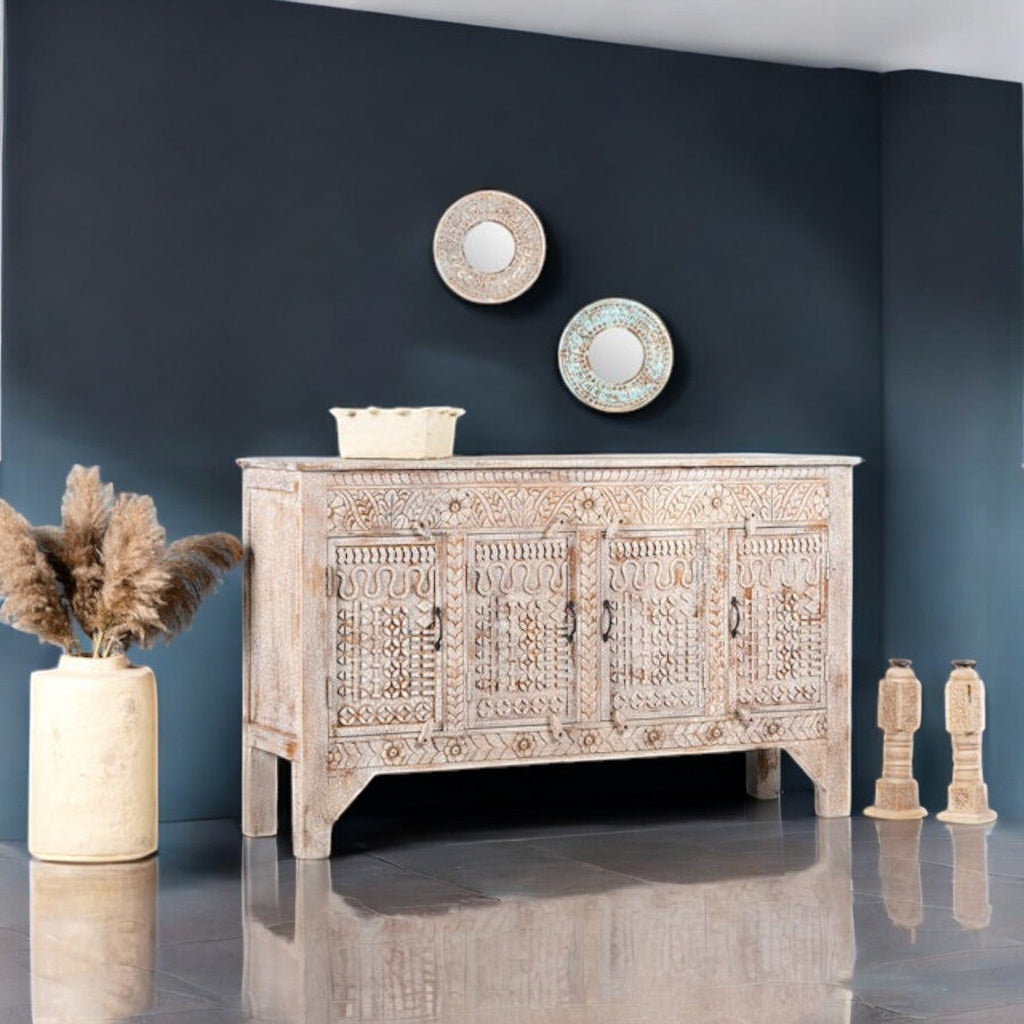 Whitewashed Wooden Sideboard with Four Panel Doors - DOBRI ARTS AU