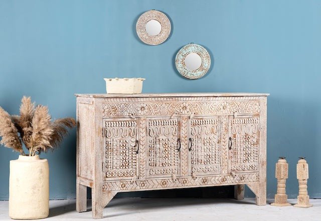 Whitewashed Wooden Sideboard with Four Panel Doors - DOBRI ARTS AU