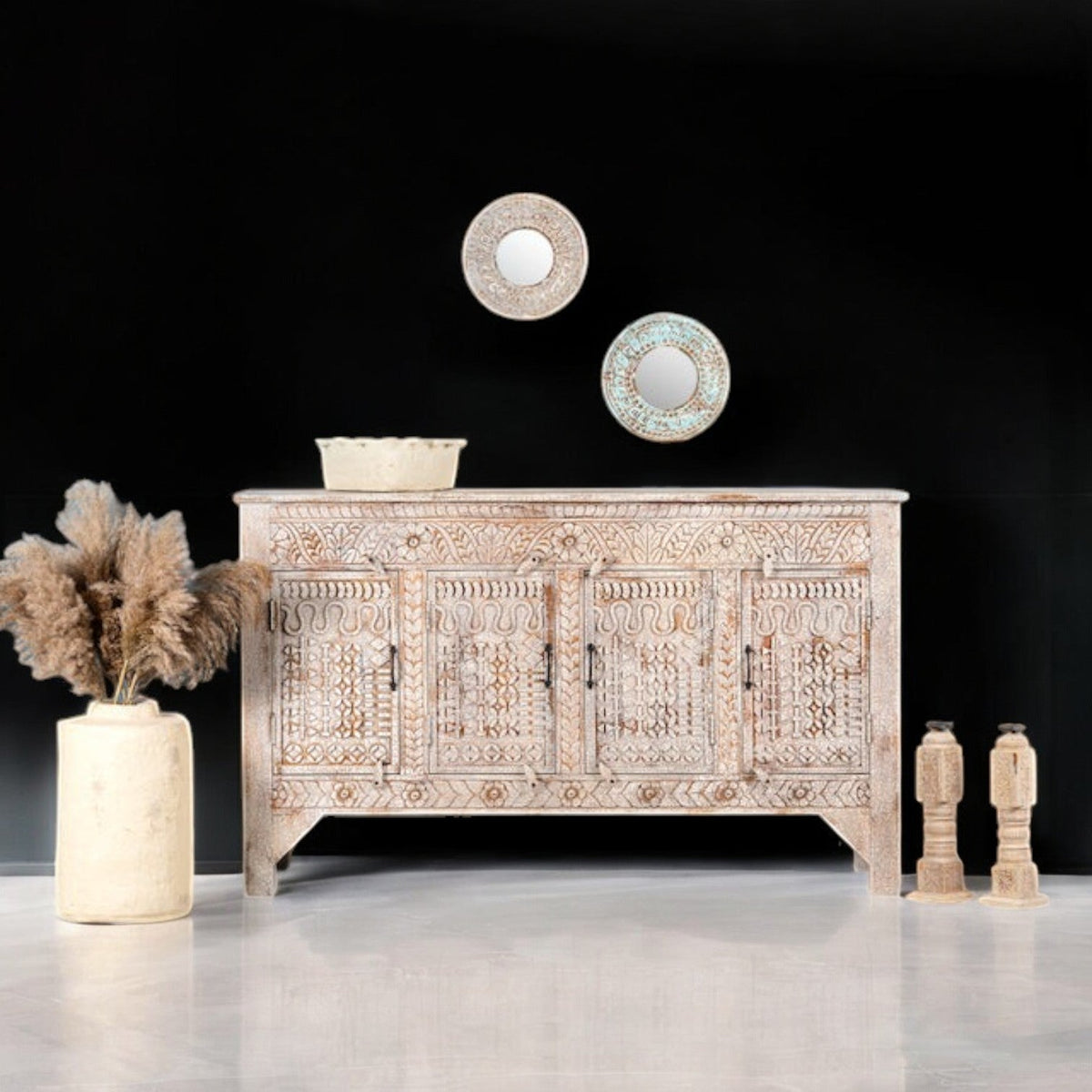 Whitewashed Wooden Sideboard with Four Panel Doors - DOBRI ARTS AU