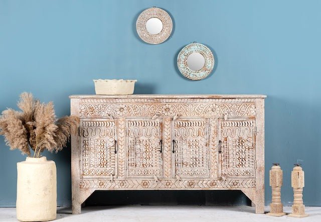 Whitewashed Wooden Sideboard with Four Panel Doors - DOBRI ARTS AU