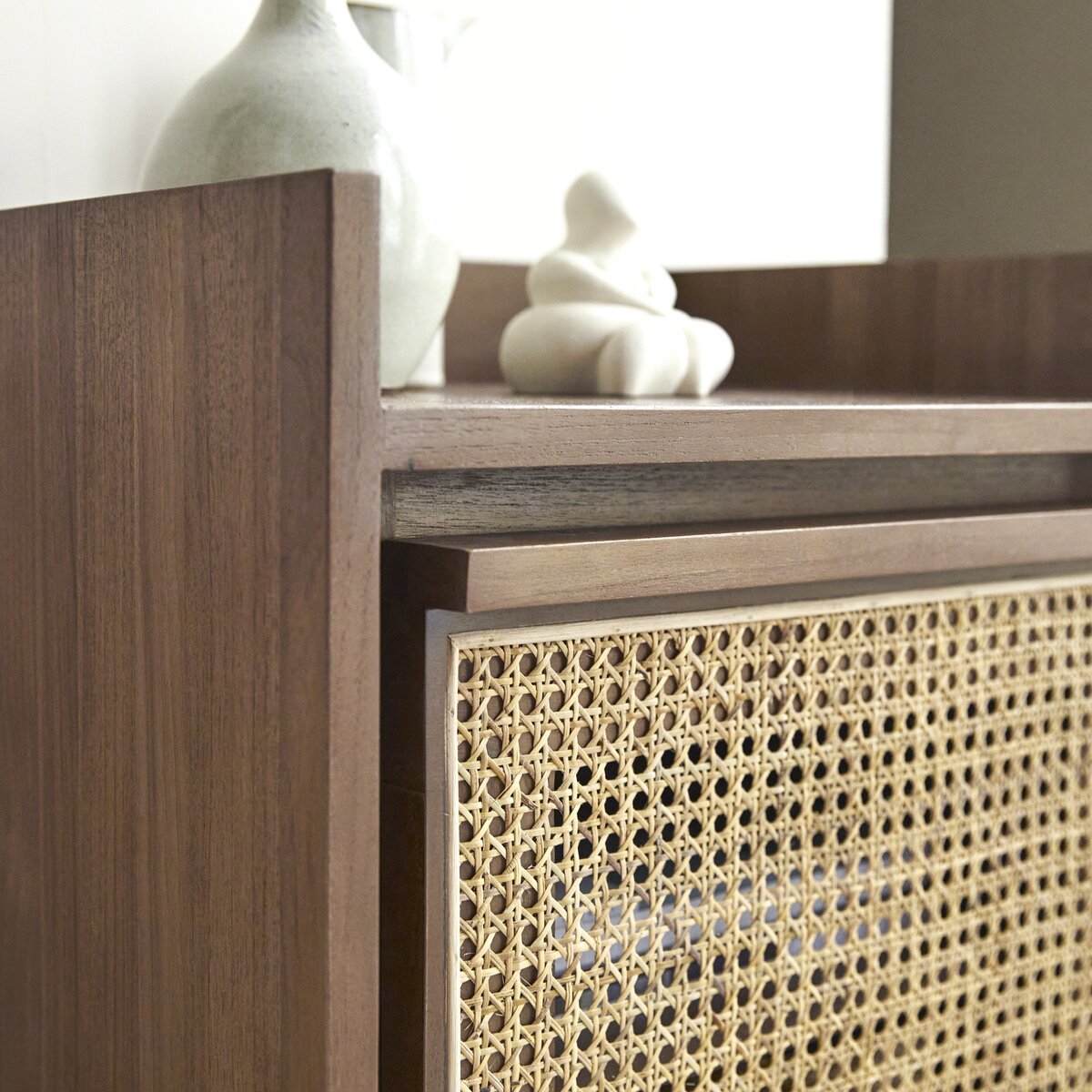 Yoko Woven Rattan Panel Acacia Wood Bedside Table – Solid Wood Nightstand, Open Shelf Storage Cabinet & Bedroom Furniture - DOBRI ARTS AU