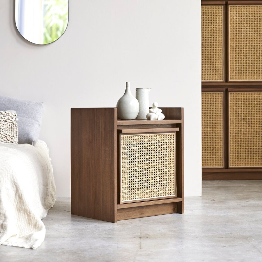 Yoko Woven Rattan Panel Acacia Wood Bedside Table – Solid Wood Nightstand, Open Shelf Storage Cabinet & Bedroom Furniture - DOBRI ARTS AU