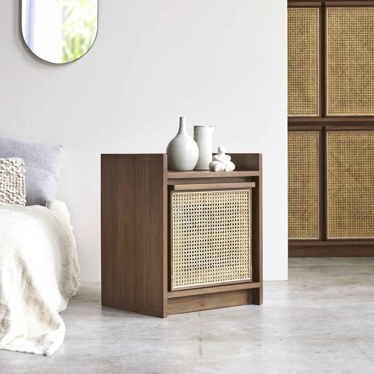Yoko Woven Rattan Panel Acacia Wood Bedside Table – Solid Wood Nightstand, Open Shelf Storage Cabinet & Bedroom Furniture - DOBRI ARTS AU