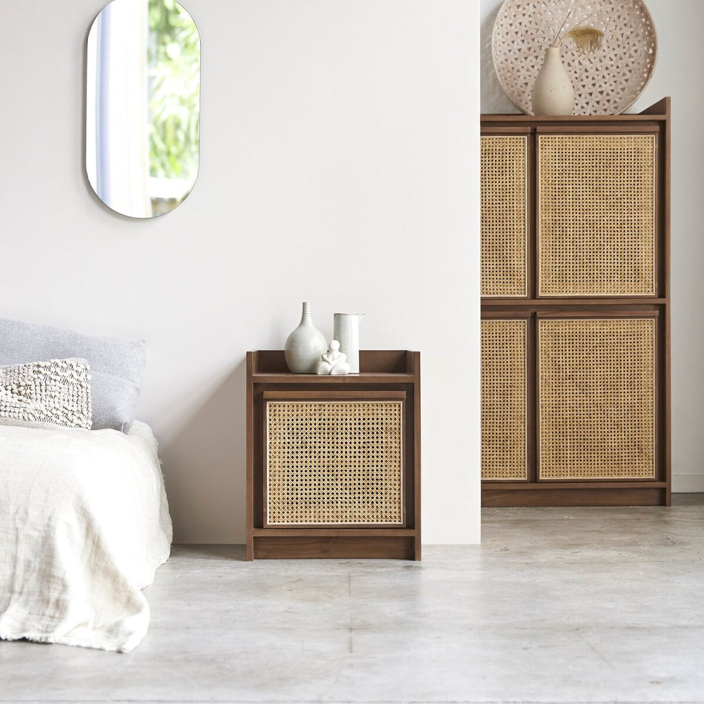 Yoko Woven Rattan Panel Acacia Wood Bedside Table – Solid Wood Nightstand, Open Shelf Storage Cabinet & Bedroom Furniture - DOBRI ARTS AU