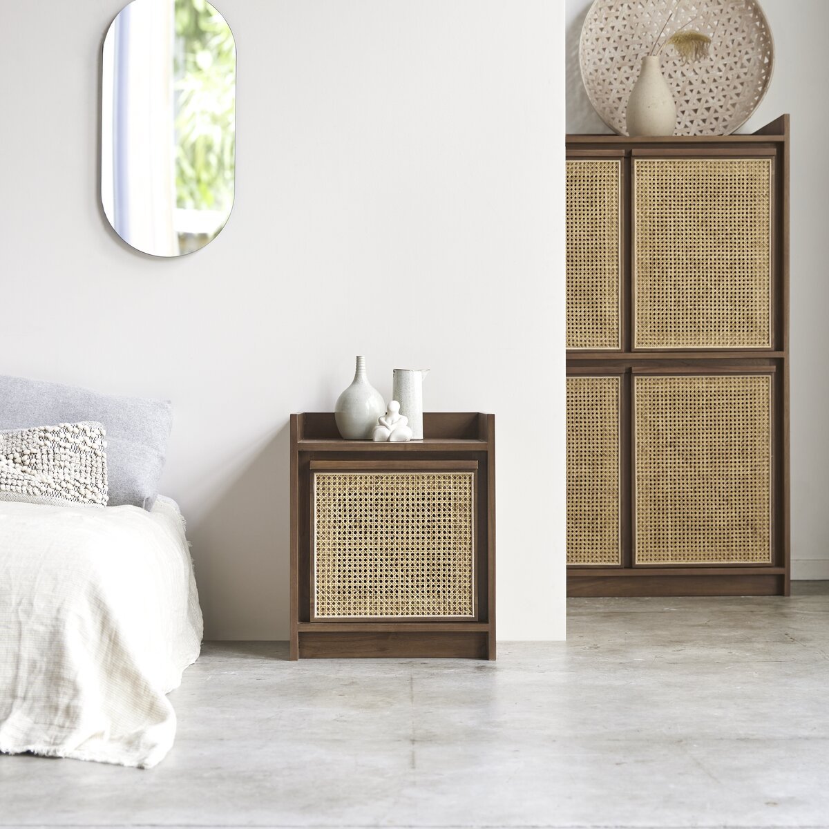 Yoko Woven Rattan Panel Acacia Wood Bedside Table – Solid Wood Nightstand, Open Shelf Storage Cabinet & Bedroom Furniture - DOBRI ARTS AU