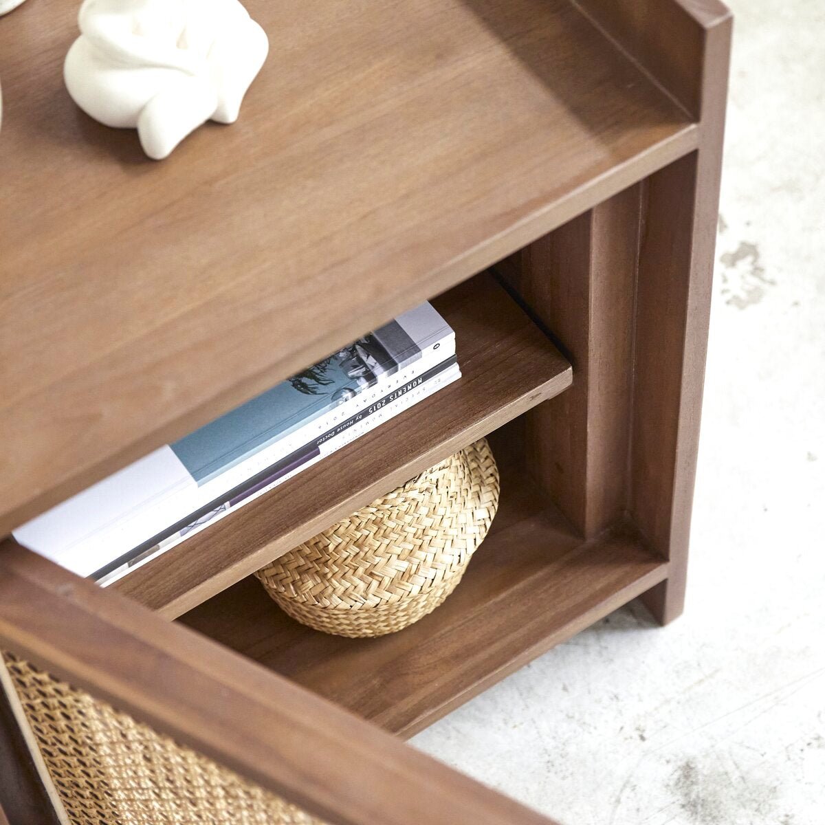Yoko Woven Rattan Panel Acacia Wood Bedside Table – Solid Wood Nightstand, Open Shelf Storage Cabinet & Bedroom Furniture - DOBRI ARTS AU