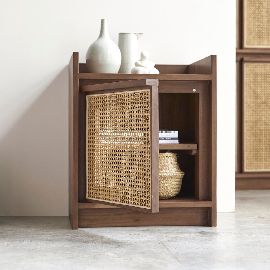 Yoko Woven Rattan Panel Acacia Wood Bedside Table – Solid Wood Nightstand, Open Shelf Storage Cabinet & Bedroom Furniture - DOBRI ARTS AU