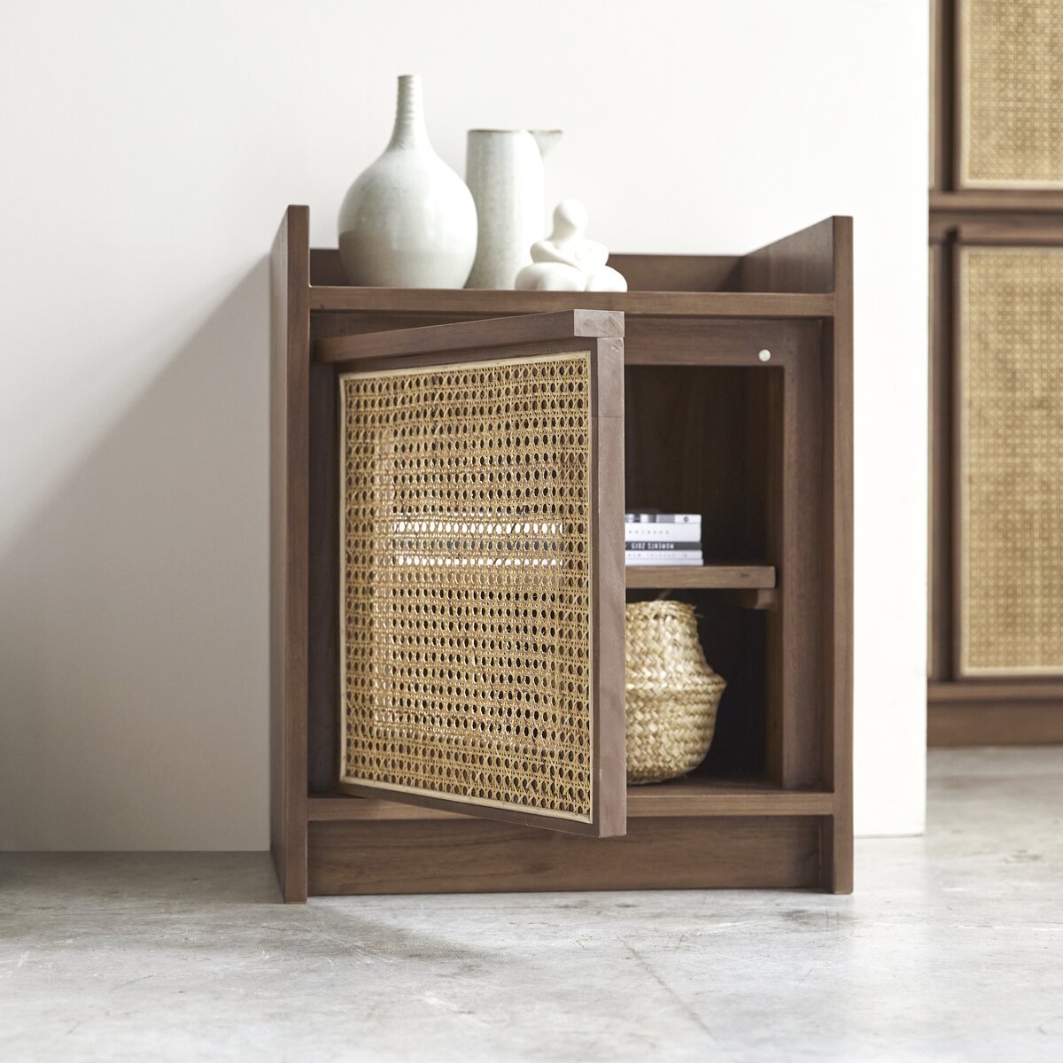 Yoko Woven Rattan Panel Acacia Wood Bedside Table – Solid Wood Nightstand, Open Shelf Storage Cabinet & Bedroom Furniture - DOBRI ARTS AU