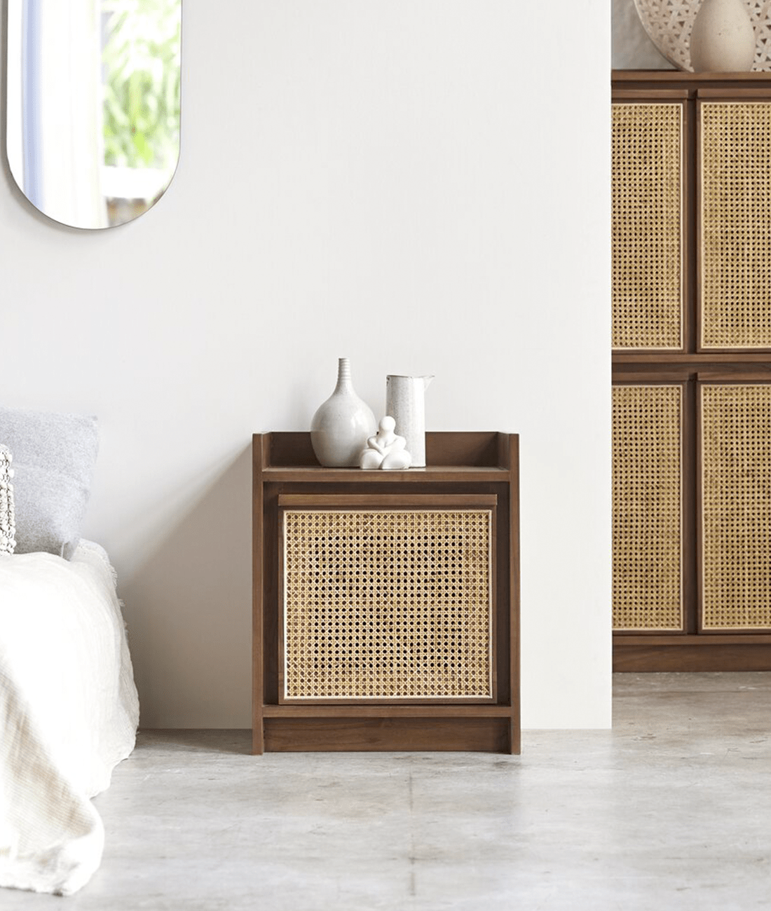 Yoko Woven Rattan Panel Acacia Wood Bedside Table – Solid Wood Nightstand, Open Shelf Storage Cabinet & Bedroom Furniture - DOBRI ARTS AU