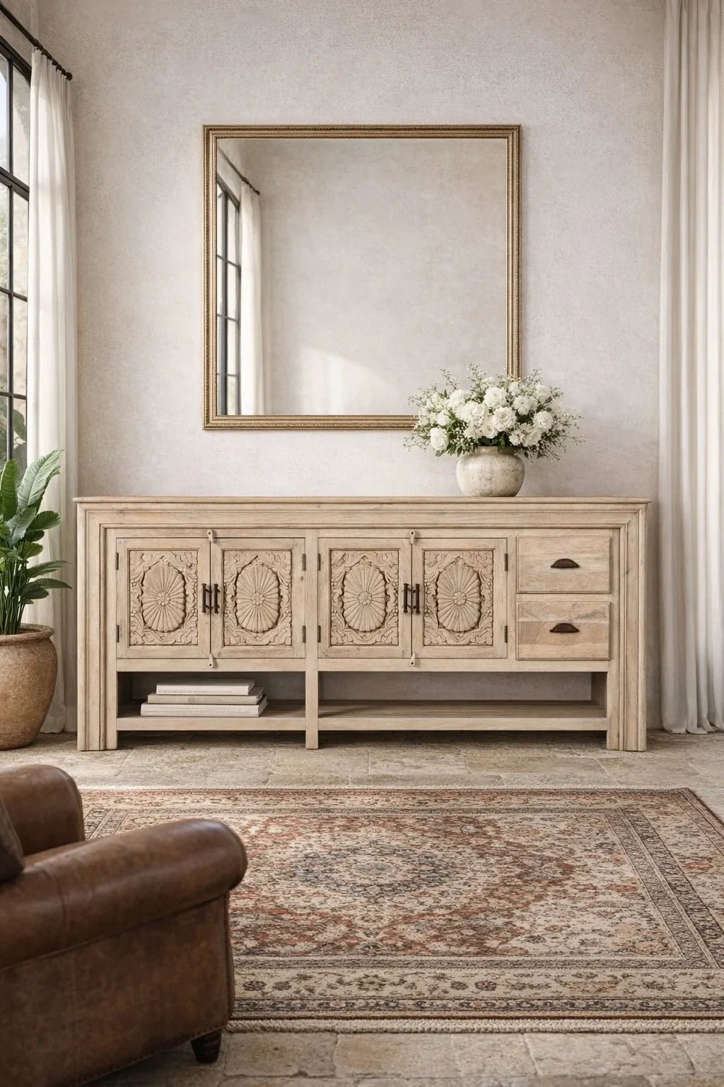 Zahira Grand Hand-Carved Mango Wood Sideboard Console - DOBRI ARTS AU