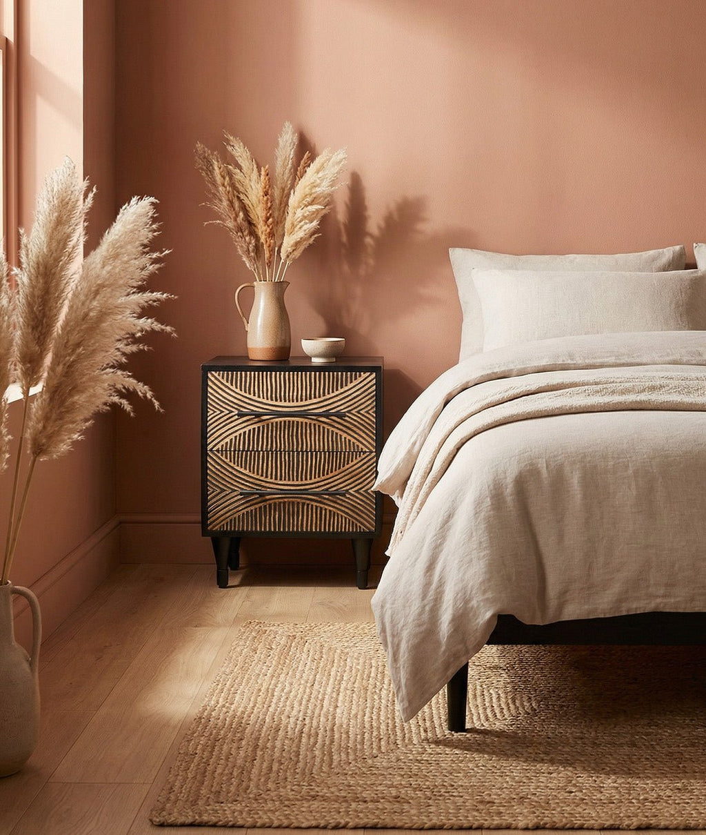 Zaria Hand-Carved Mango Wood Bedside Table – Geometric 2-Drawer Nightstand, Rustic Accent Cabinet & Bedroom Furniture - DOBRI ARTS AU