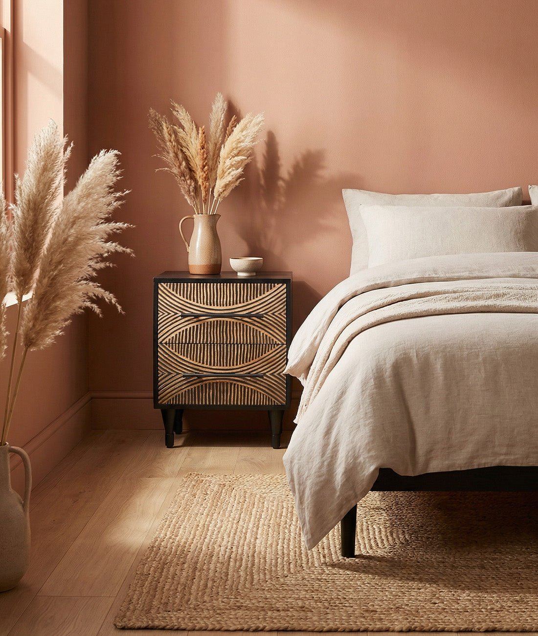 Zaria Hand-Carved Mango Wood Bedside Table – Geometric 2-Drawer Nightstand, Rustic Accent Cabinet & Bedroom Furniture - DOBRI ARTS AU
