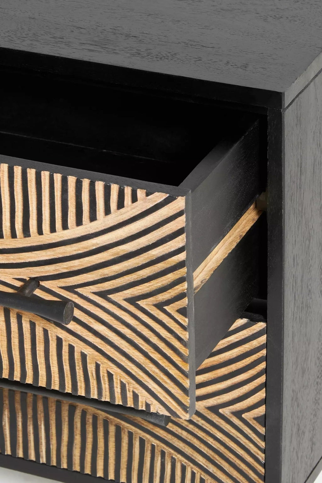 Zaria Hand-Carved Mango Wood Bedside Table – Geometric 2-Drawer Nightstand, Rustic Accent Cabinet & Bedroom Furniture - DOBRI ARTS AU