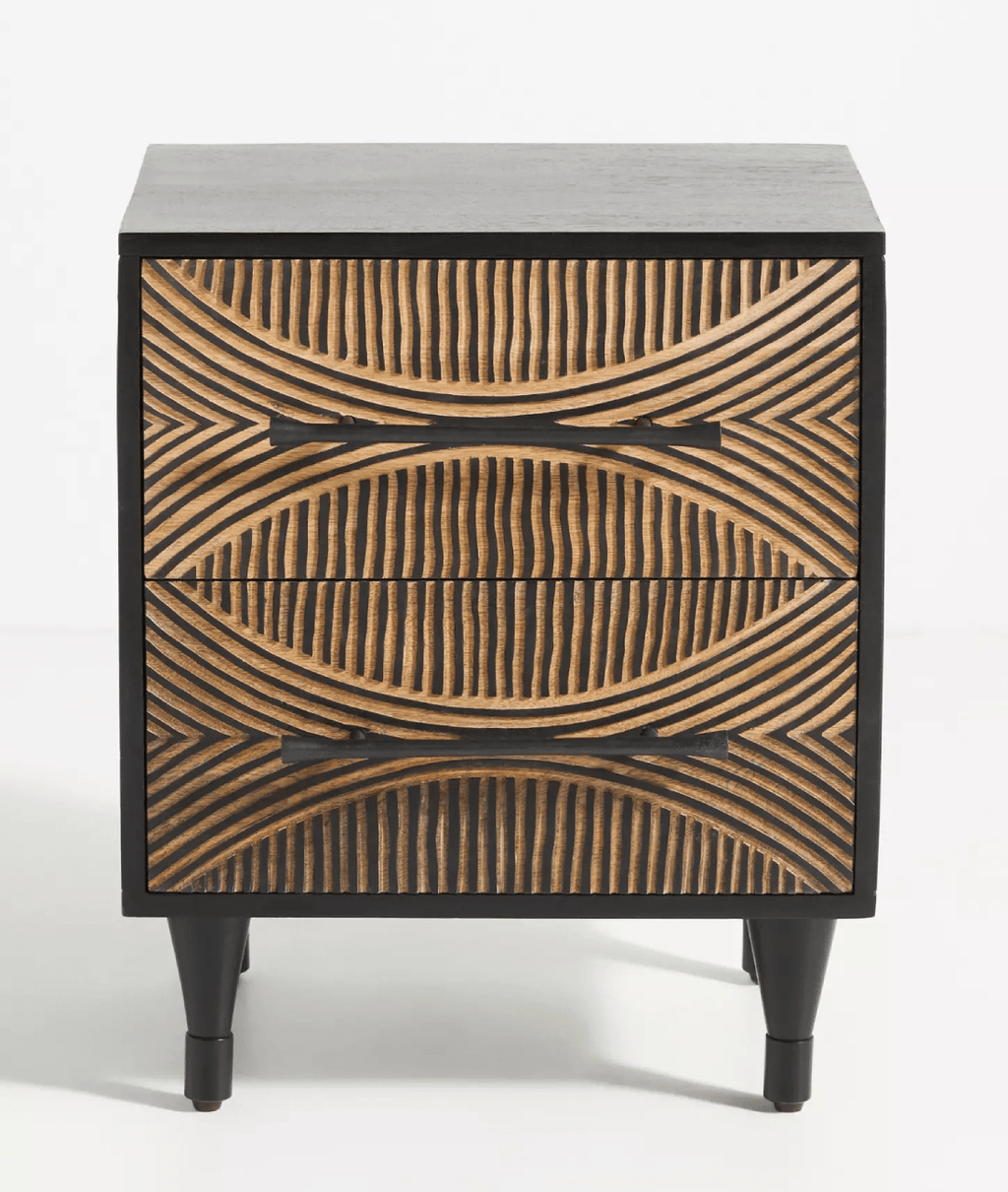 Zaria Hand-Carved Mango Wood Bedside Table – Geometric 2-Drawer Nightstand, Rustic Accent Cabinet & Bedroom Furniture - DOBRI ARTS AU