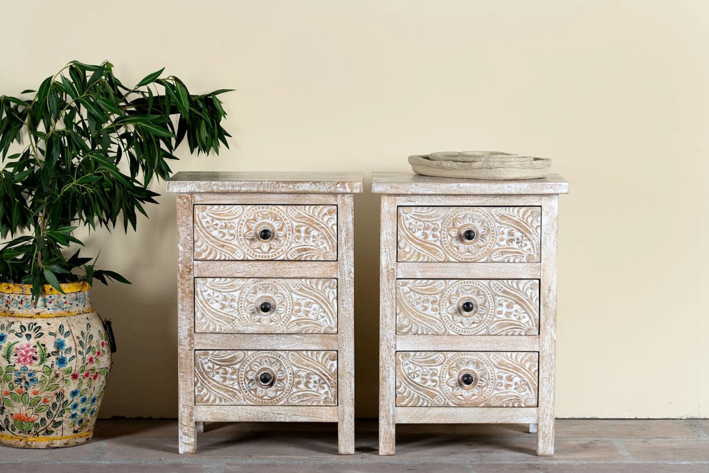 Zariya Carved Bedside Drawer Set - DOBRI ARTS AU