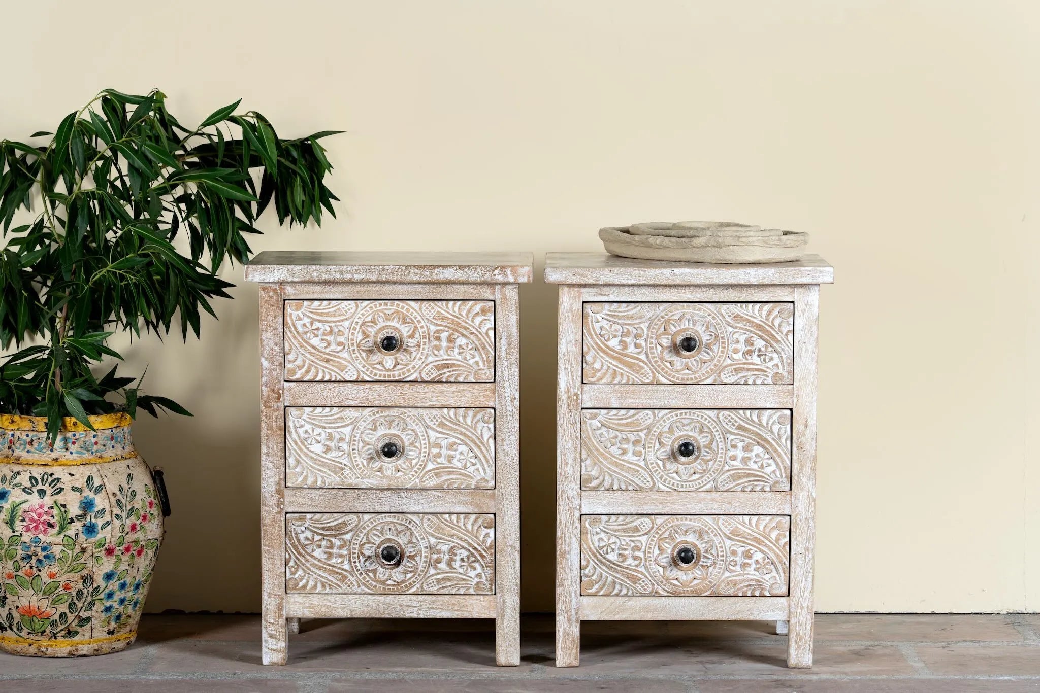 Zariya Carved Bedside Drawer Set - DOBRI ARTS AU