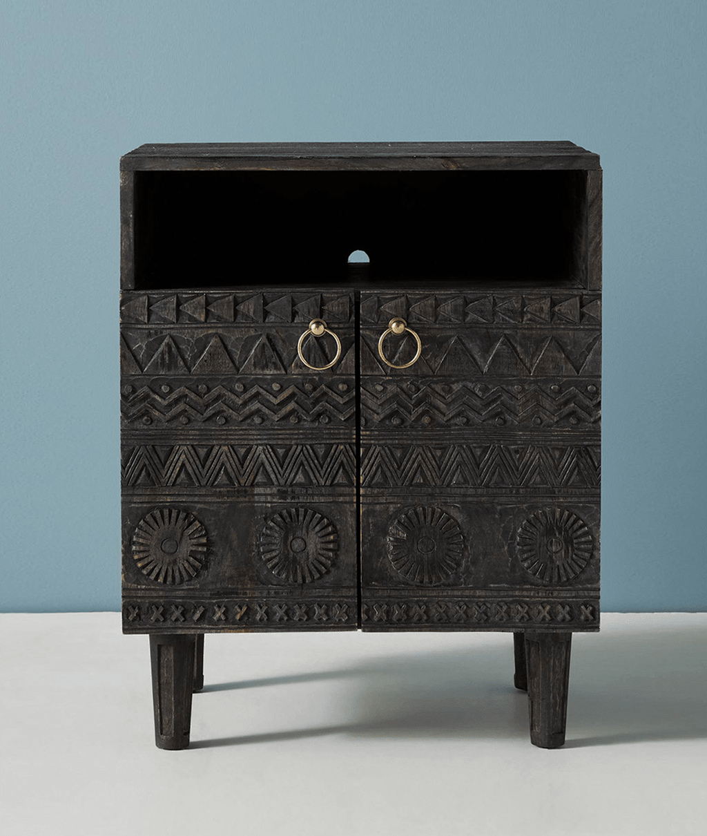 Zorina Hand-Carved Mango Wood Bedside Table – Tribal Pattern Nightstand with 2 Doors, Open Shelf & Metal Ring Handles - DOBRI ARTS AU