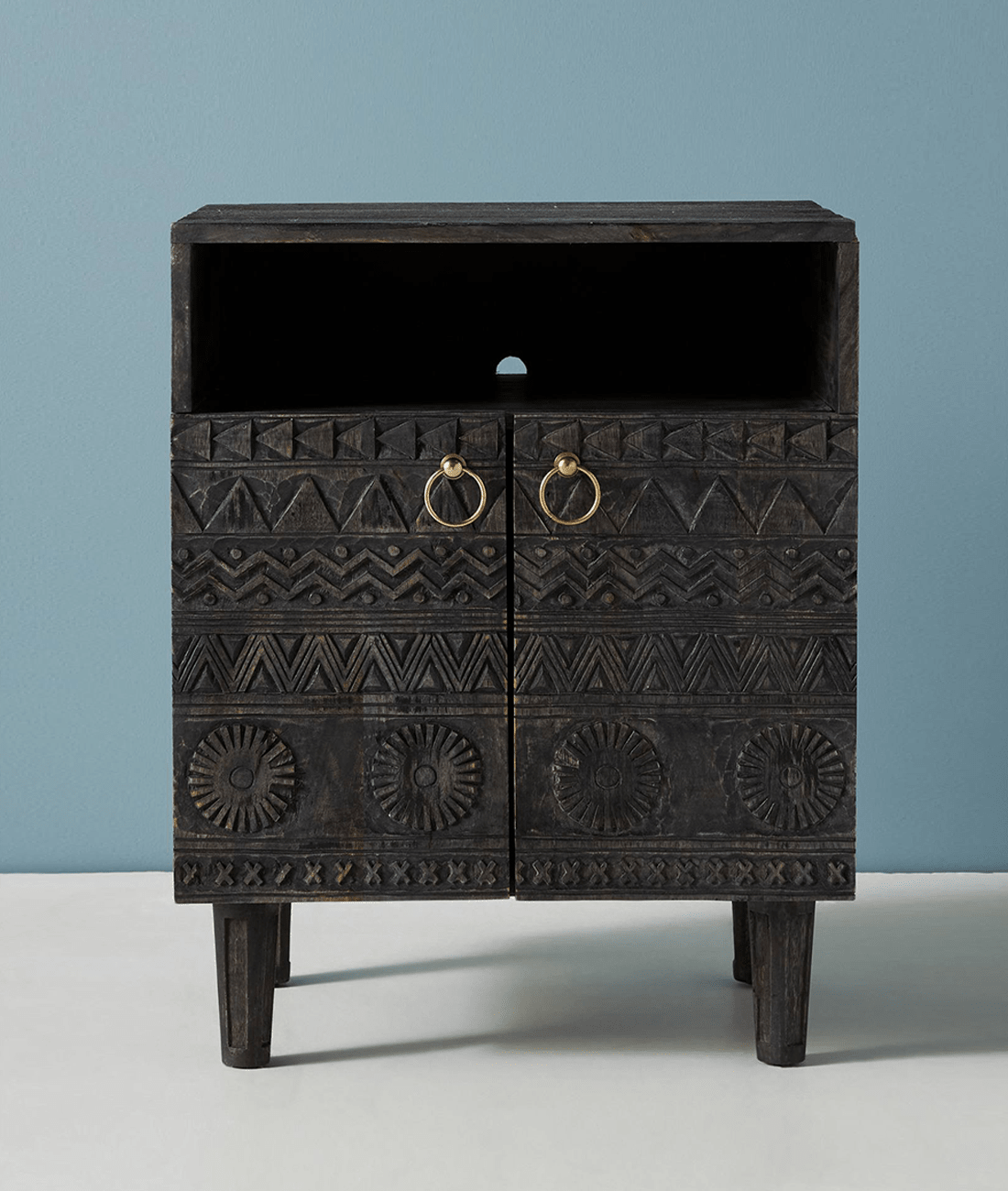 Zorina Hand-Carved Mango Wood Bedside Table – Tribal Pattern Nightstand with 2 Doors, Open Shelf & Metal Ring Handles - DOBRI ARTS AU