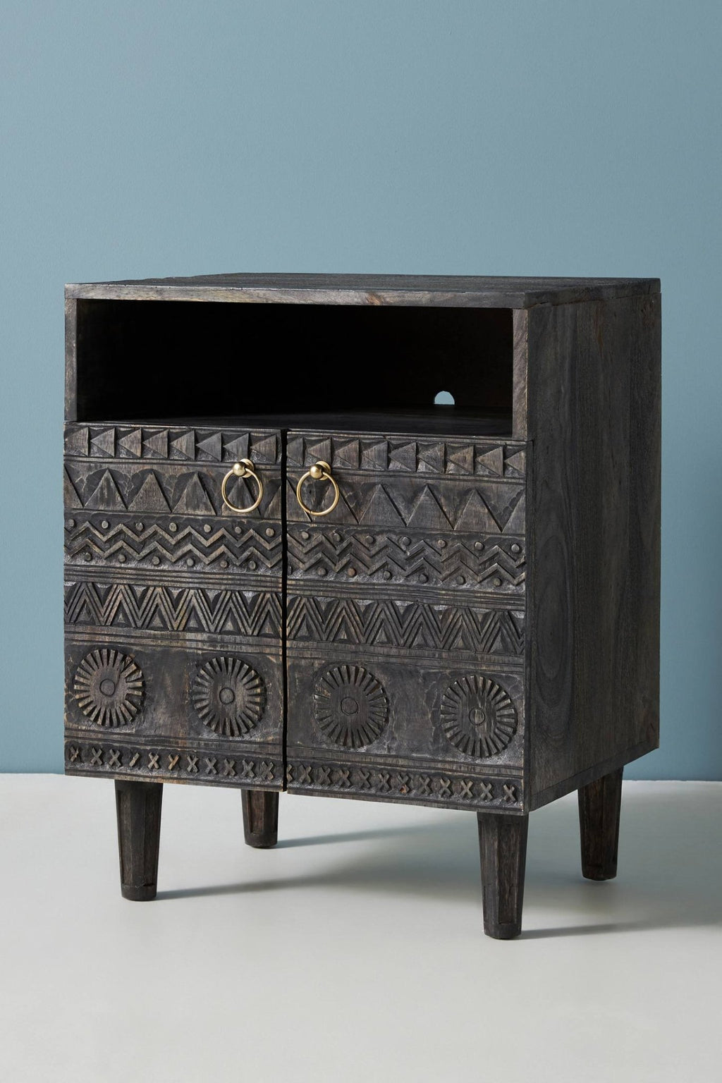 Zorina Hand-Carved Mango Wood Bedside Table – Tribal Pattern Nightstand with 2 Doors, Open Shelf & Metal Ring Handles - DOBRI ARTS AU