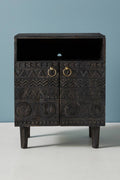 Zorina Hand-Carved Mango Wood Bedside Table – Tribal Pattern Nightstand with 2 Doors, Open Shelf & Metal Ring Handles - DOBRI ARTS AU