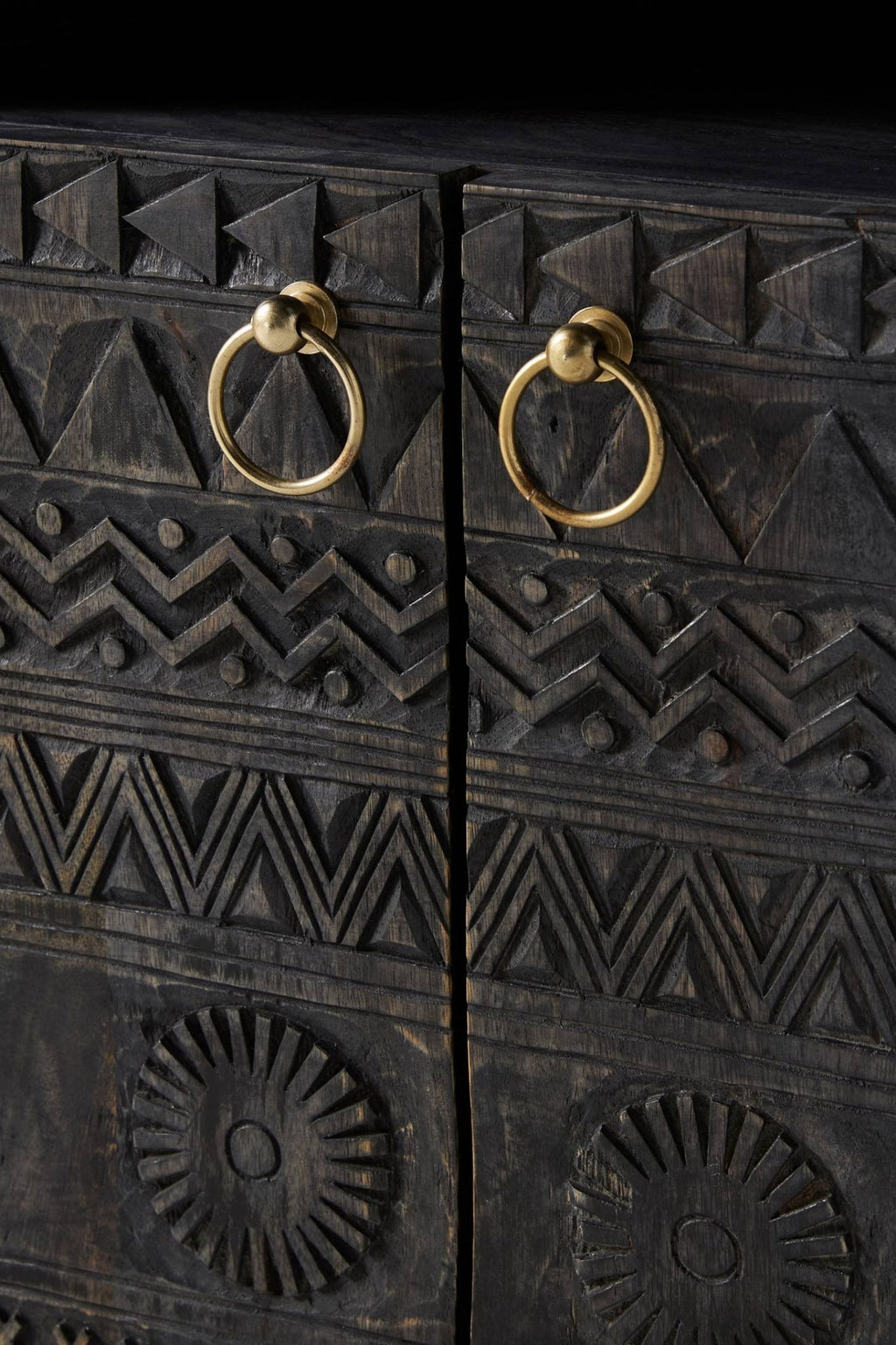 Zorina Hand-Carved Mango Wood Bedside Table – Tribal Pattern Nightstand with 2 Doors, Open Shelf & Metal Ring Handles - DOBRI ARTS AU