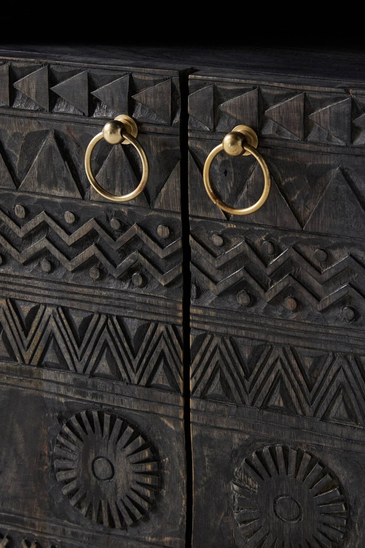 Zorina Hand-Carved Mango Wood Bedside Table – Tribal Pattern Nightstand with 2 Doors, Open Shelf & Metal Ring Handles - DOBRI ARTS AU